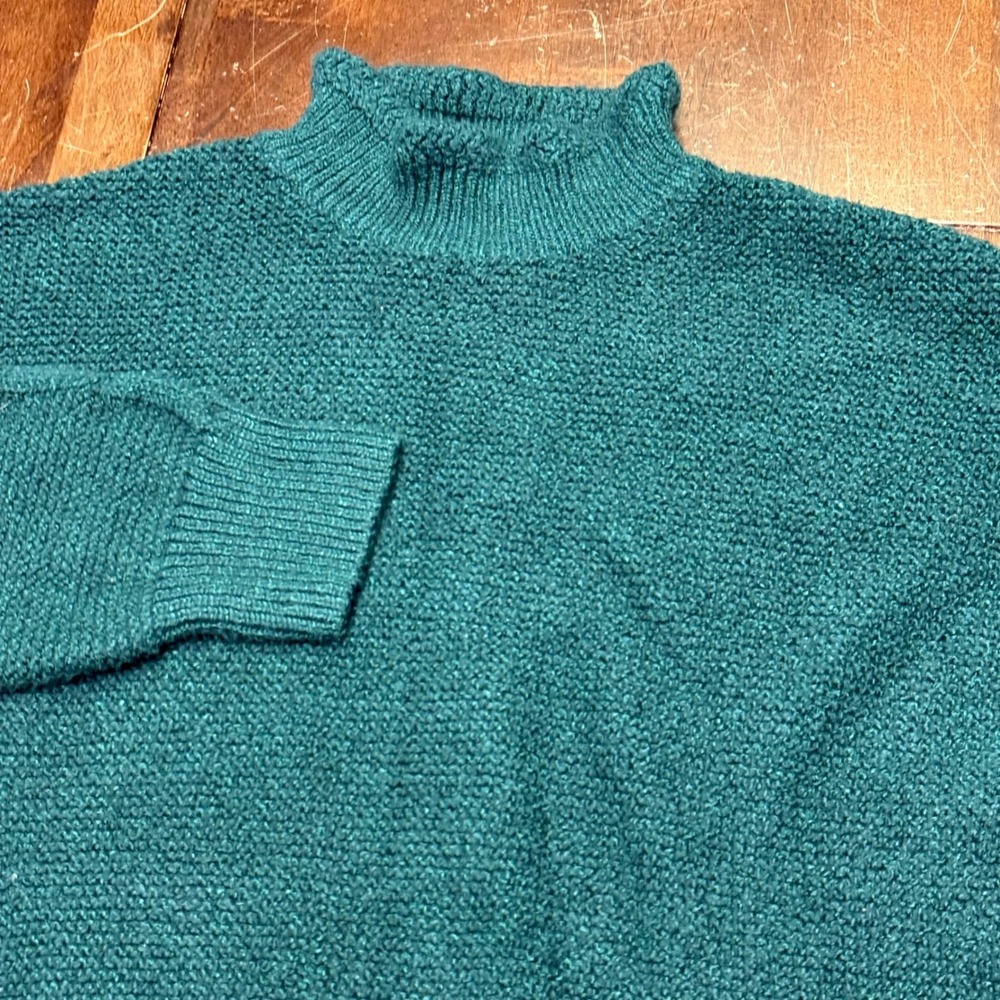 J.Crew Sweater Women L Green Mock Rolled Neck Cable Sleeve Cotton Blend Knit